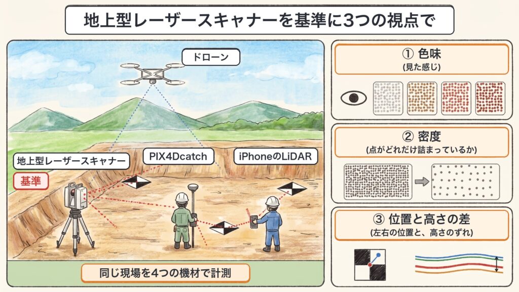地上型レーザースキャナーを基準に、色味・密度・位置と高さの差の3つの視点で比べました