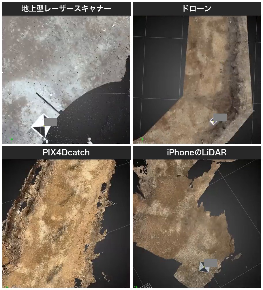 機材ごとの点群の色味(左上から地上型レーザースキャナー・ドローン・PIX4Dcatch・iPhoneのLiDAR)。色味だけを見る画面で、拡大の具合は機材ごとに違います